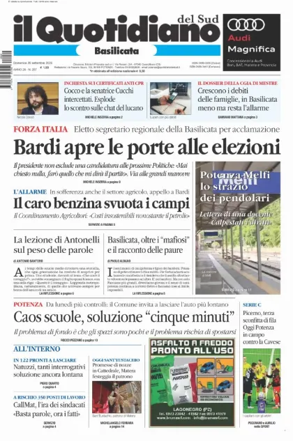 Prima pagina Il Quotidiano del Sud | Basilicata