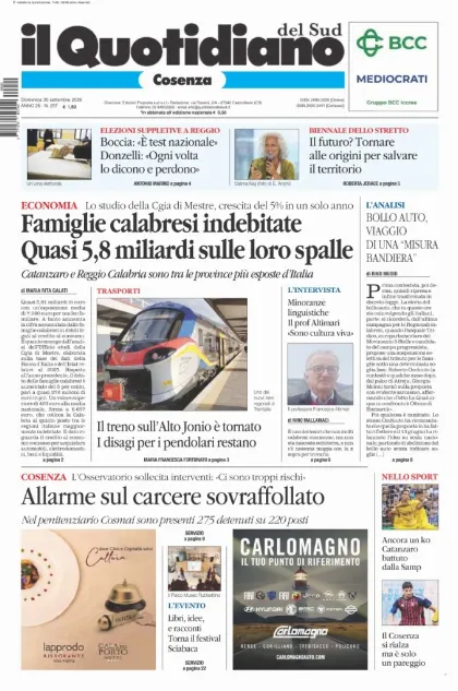 Prima pagina Il Quotidiano del Sud | Cosenza