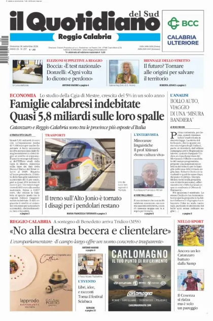 Prima pagina Il Quotidiano del Sud | Reggio Calabria