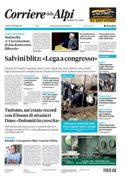 Prima pagina Corriere delle Alpi | Belluno