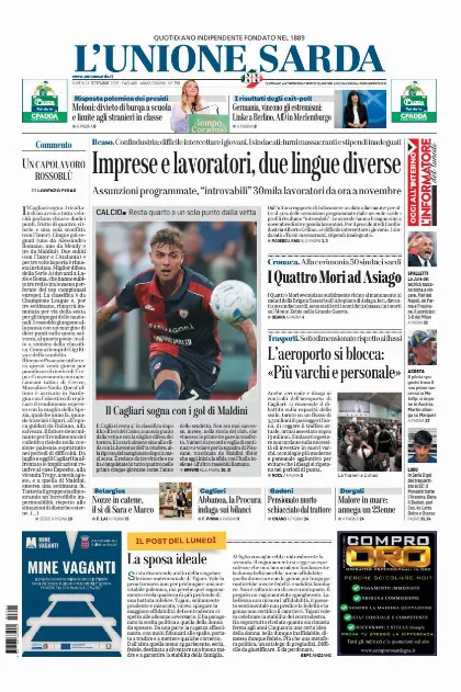 Prima pagina L Unione Sarda