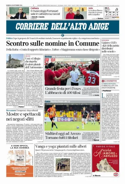Prima pagina Corriere dell'Alto Adige