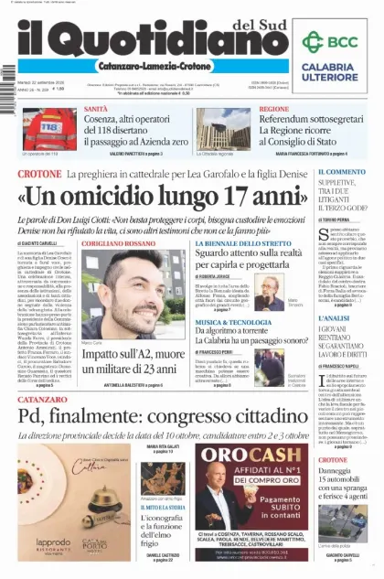 Prima pagina Il Quotidiano del Sud | Catanzaro, Lamezia e Crotone
