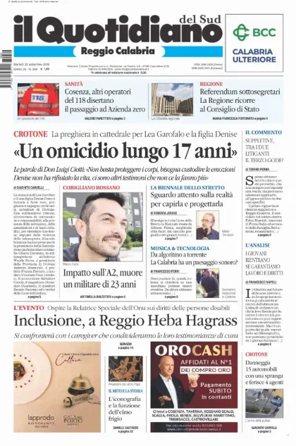 Prima pagina Il Quotidiano del Sud | Reggio Calabria