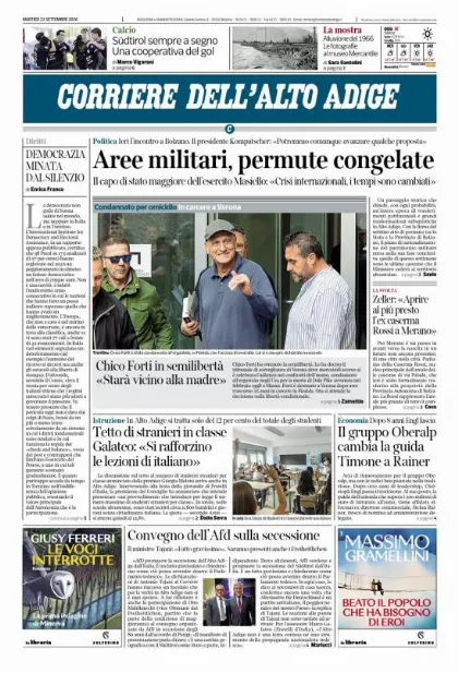 Prima pagina Corriere dell'Alto Adige