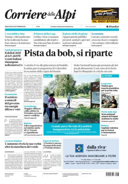 Prima pagina Corriere delle Alpi | Belluno
