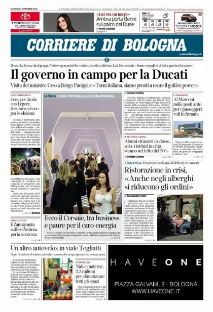 Prima pagina Corriere di Bologna