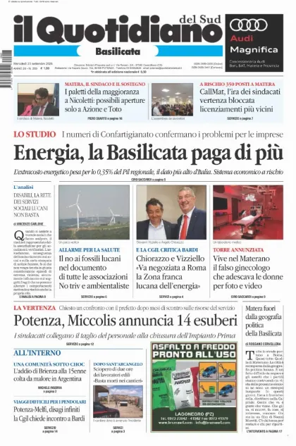 Prima pagina Il Quotidiano del Sud | Basilicata