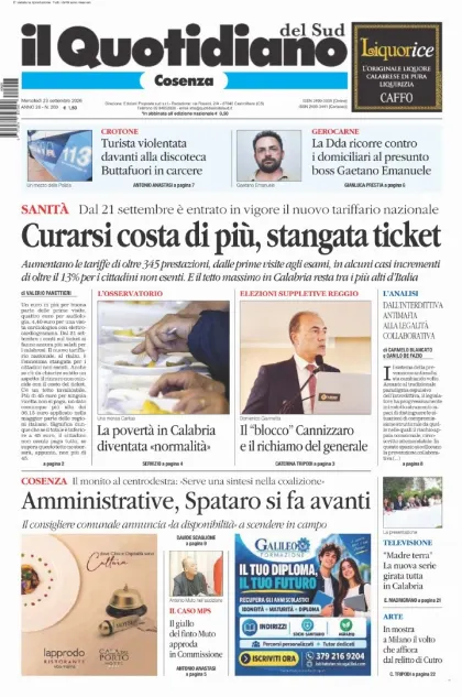 Prima pagina Il Quotidiano del Sud | Cosenza