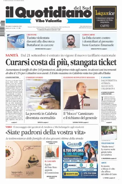 Prima pagina Il Quotidiano del Sud | Vibo Valentia
