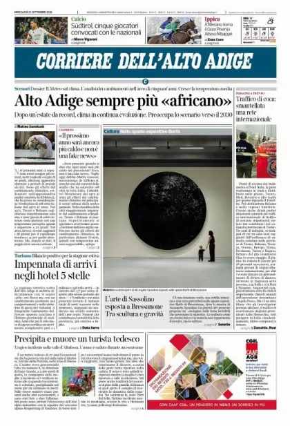 Prima pagina Corriere dell'Alto Adige