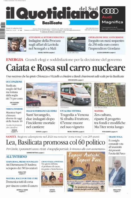 Prima pagina Il Quotidiano del Sud | Basilicata