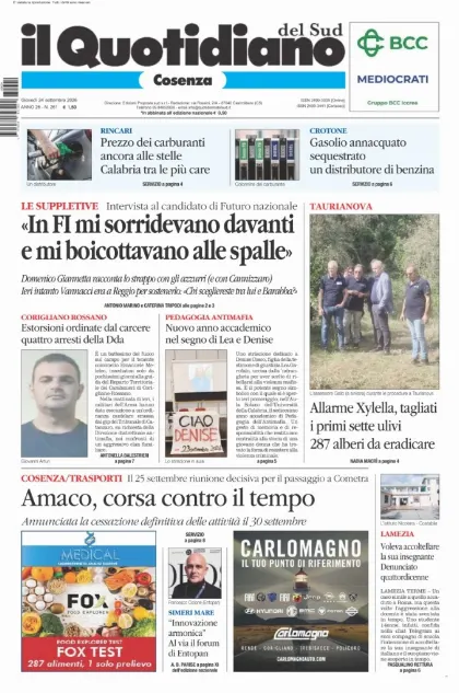 Prima pagina Il Quotidiano del Sud | Cosenza