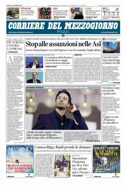 Prima pagina Corriere del Mezzogiorno | Puglia