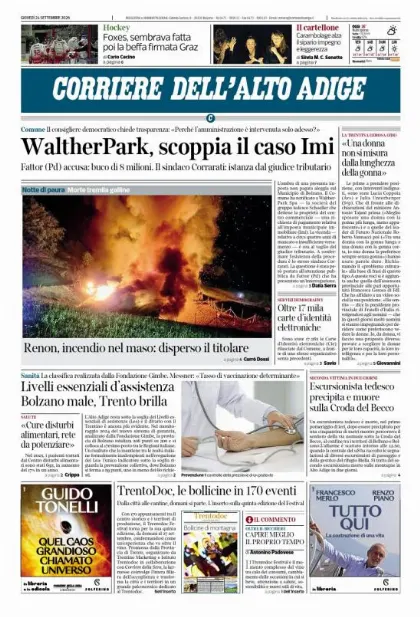 Prima pagina Corriere dell'Alto Adige