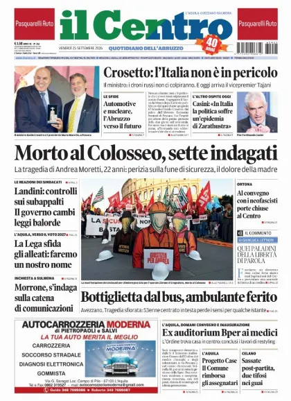 Prima pagina Il Centro | L'Aquila