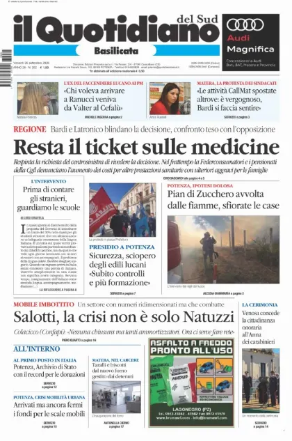Prima pagina Il Quotidiano del Sud | Basilicata