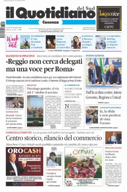 Prima pagina Il Quotidiano del Sud | Cosenza