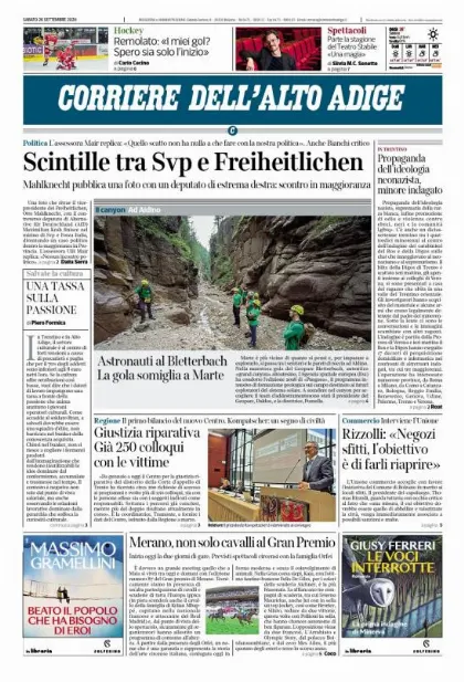 Prima pagina Corriere dell'Alto Adige