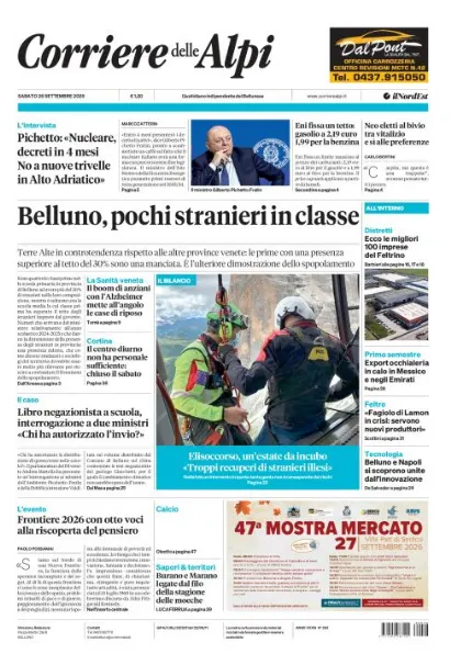 Prima pagina Corriere delle Alpi | Belluno