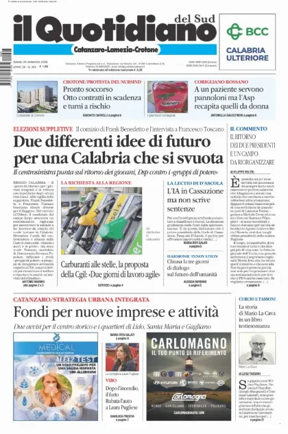 Prima pagina Il Quotidiano del Sud | Catanzaro, Lamezia e Crotone