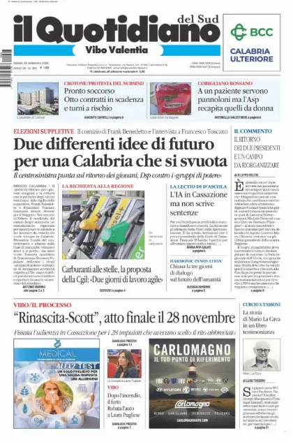 Prima pagina Il Quotidiano del Sud | Vibo Valentia
