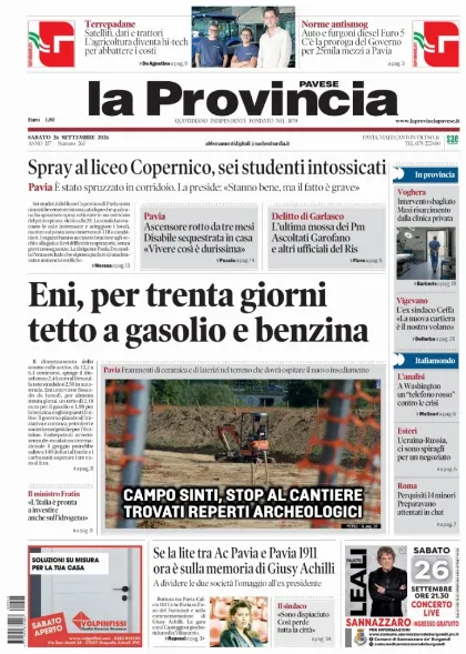 Prima pagina La Provincia Pavese