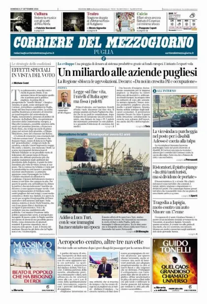 Prima pagina Corriere del Mezzogiorno | Puglia