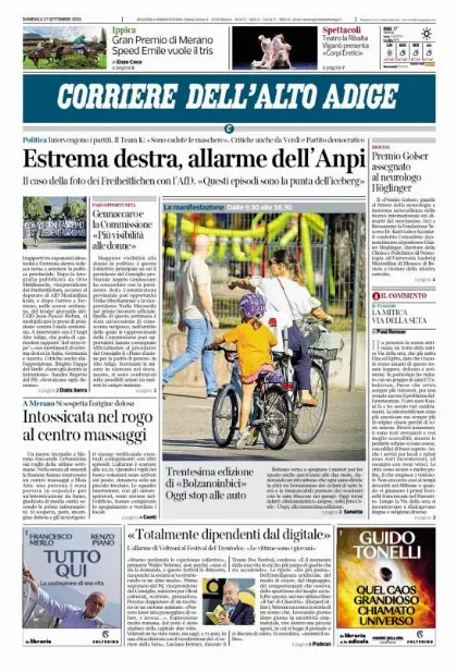 Prima pagina Corriere dell'Alto Adige