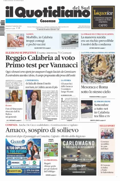 Prima pagina Il Quotidiano del Sud | Cosenza