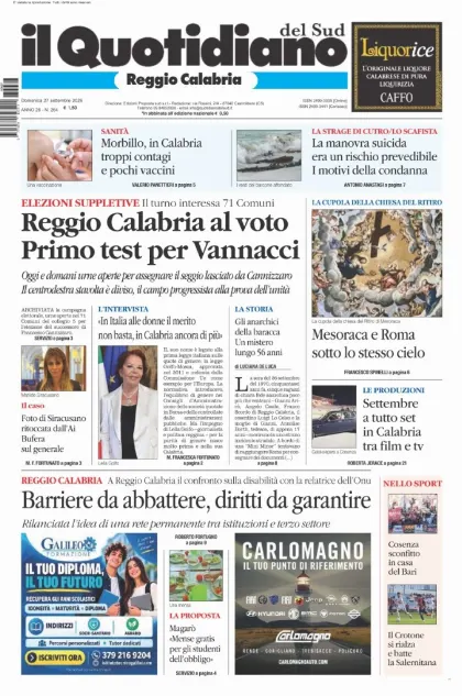 Prima pagina Il Quotidiano del Sud | Reggio Calabria