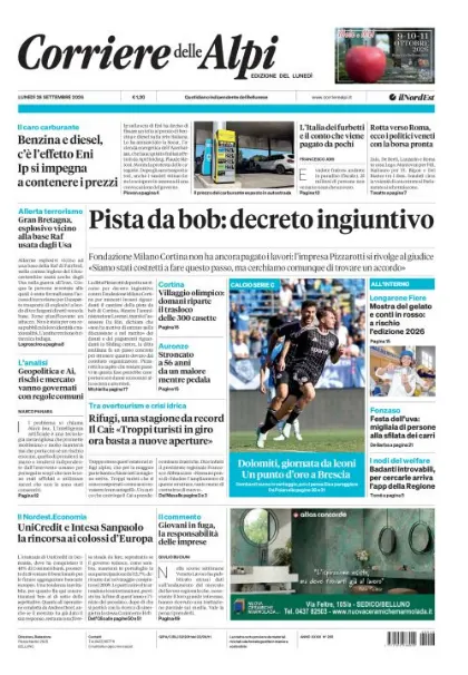 Prima pagina Corriere delle Alpi | Belluno