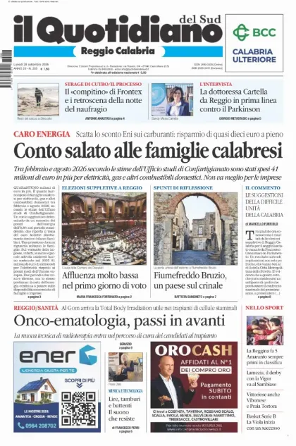 Prima pagina Il Quotidiano del Sud | Reggio Calabria