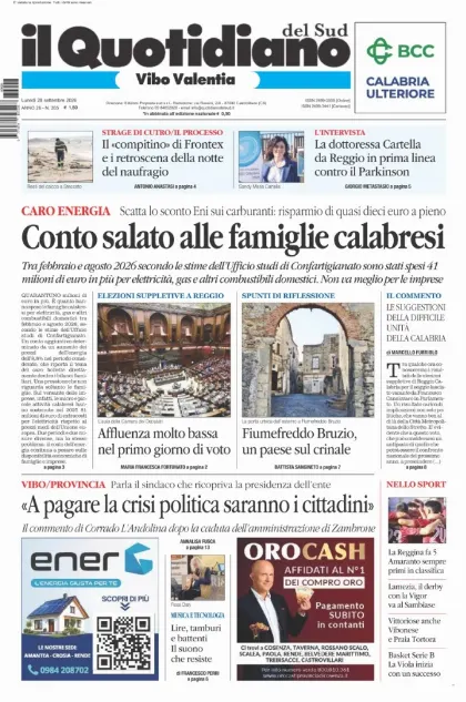 Prima pagina Il Quotidiano del Sud | Vibo Valentia