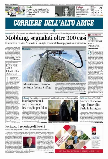 Prima pagina Corriere dell'Alto Adige