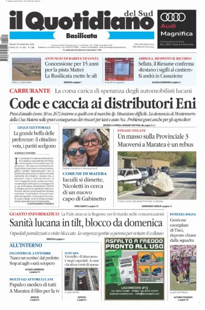 Prima pagina Il Quotidiano del Sud | Basilicata