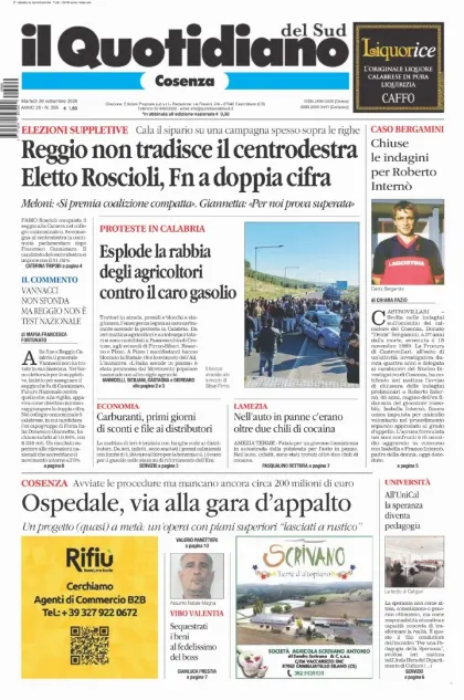 Prima pagina Il Quotidiano del Sud | Cosenza