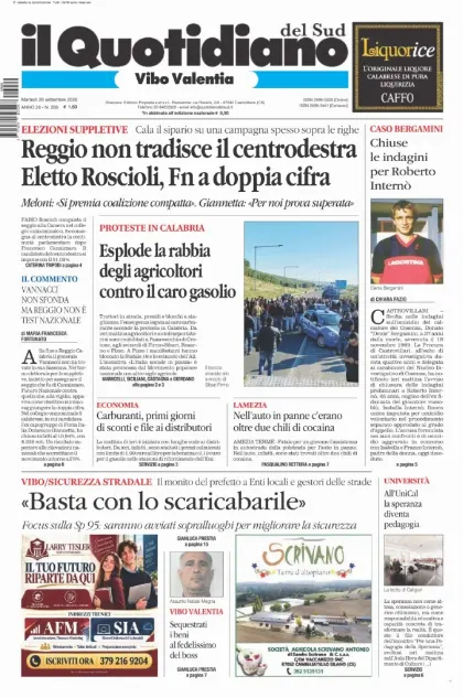 Prima pagina Il Quotidiano del Sud | Vibo Valentia