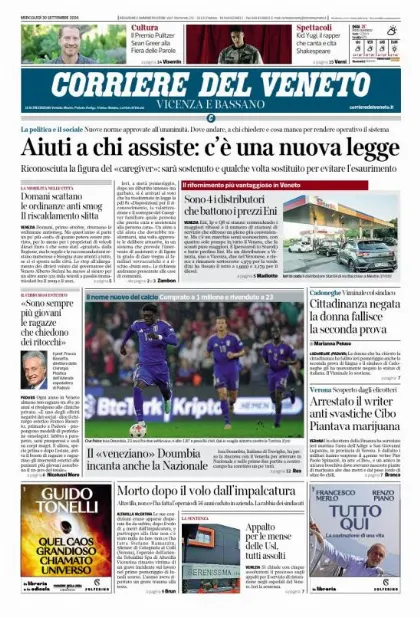 Prima pagina Corriere del Veneto | Vicenza e Bassano