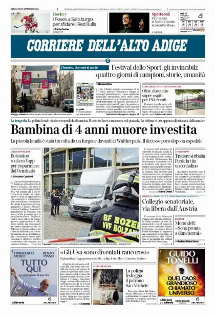 Prima pagina Corriere dell'Alto Adige