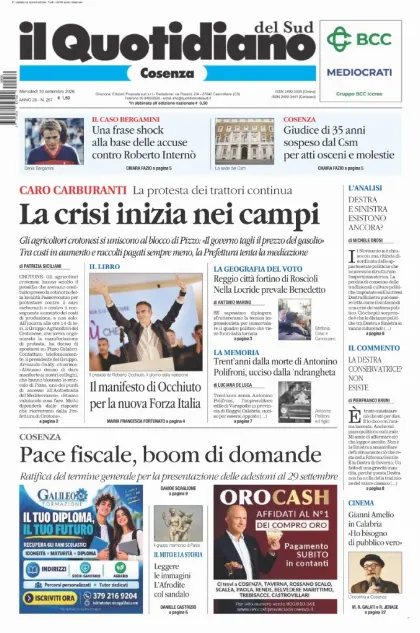 Prima pagina Il Quotidiano del Sud | Cosenza