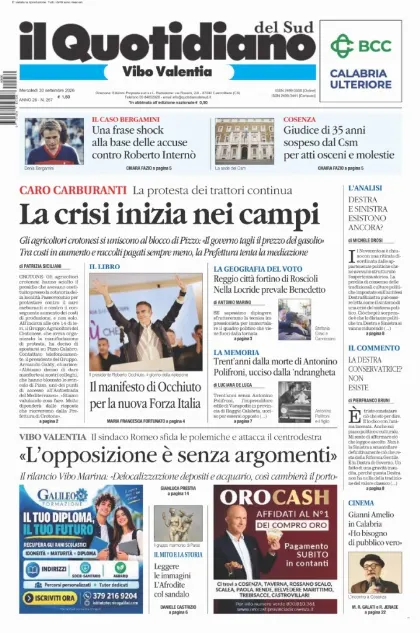 Prima pagina Il Quotidiano del Sud | Vibo Valentia