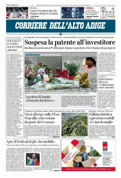 Prima pagina Corriere dell'Alto Adige
