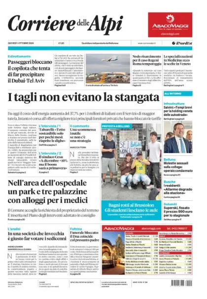 Prima pagina Corriere delle Alpi | Belluno