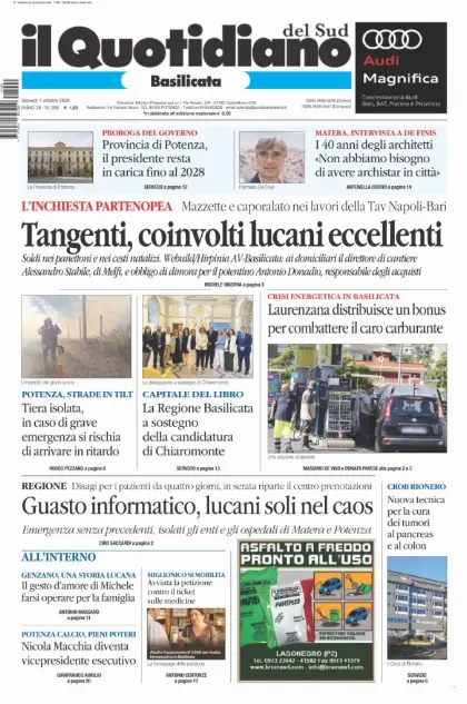 Prima pagina Il Quotidiano del Sud | Basilicata