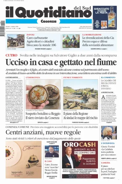 Prima pagina Il Quotidiano del Sud | Cosenza