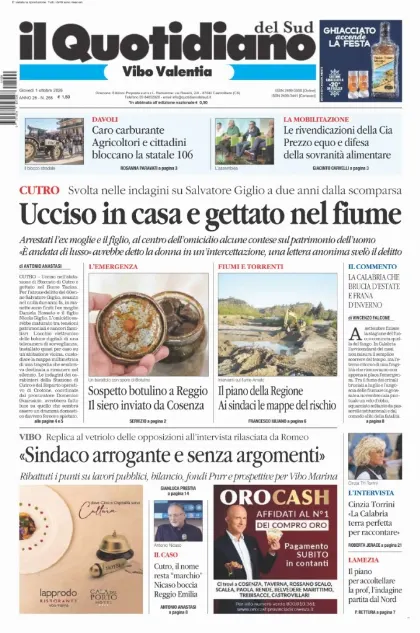 Prima pagina Il Quotidiano del Sud | Vibo Valentia