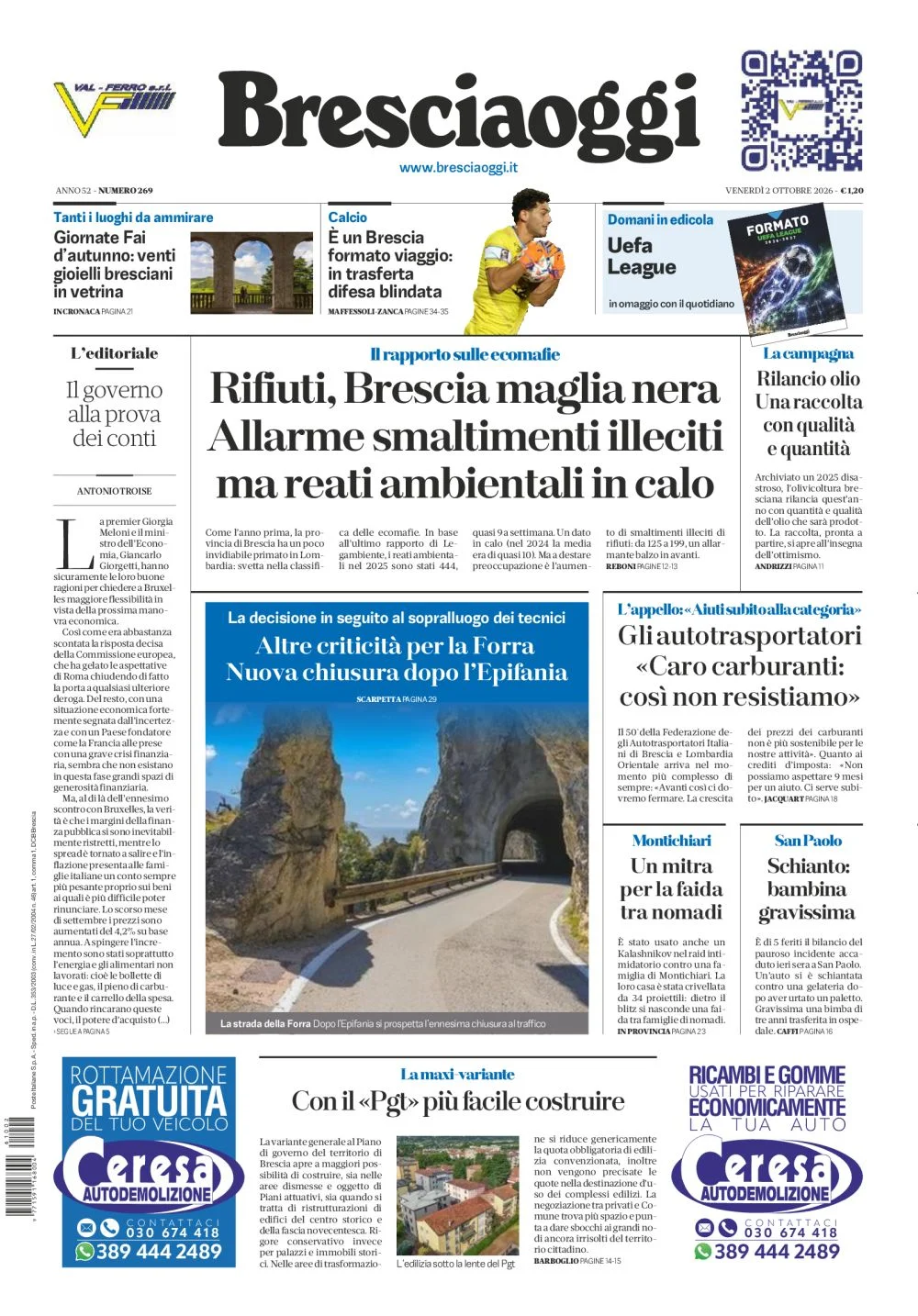 Prima pagina Bresciaoggi del 2 Ottobre 2026