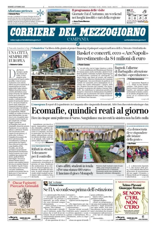 Prima pagina Corriere del Mezzogiorno | Campania del 2 Ottobre 2026