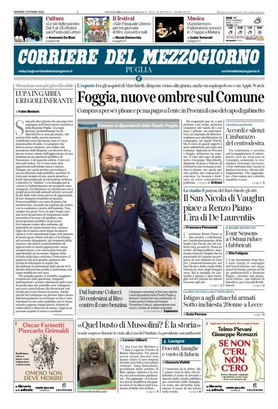 Prima pagina Corriere del Mezzogiorno | Puglia del 2 Ottobre 2026